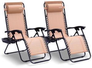 SereneLife Outdoor Adjustable Zero Gravity Lounge Chair Recliners with Plastic Cup Holder Side Table and Padded Headrest Pillows, 2 Pack, Cream