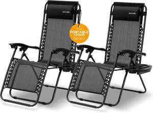 SereneLife Outdoor Adjustable Zero Gravity Lounge Chair Recliners with Plastic Cup Holder Side Table and Padded Headrest Pillows, 2 Pack, Black