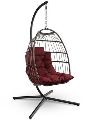 SereneLife Foldable Rattan Wicker Hanging Egg Swing Chair with Stand - Red