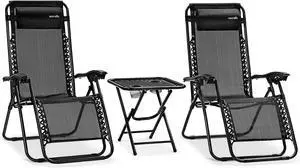 SereneLife Outdoor Adjustable Zero Gravity Lounge Chair Set with Side Table - Black - 2-Pack, Padded Headrest, Cup Holders