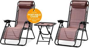 SereneLife Outdoor Adjustable Zero Gravity Lounge Chair Set with Side Table - Brown - 2-Pack, Padded Headrest, Cup Holders