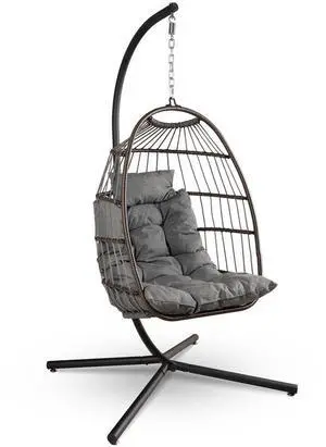 SereneLife Foldable Egg Swing Chair with Stand - Deep Gray - Powder-Coated Steel Frame, Weather-Resistant Rattan, Padded Cushion