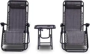SereneLife Outdoor Adjustable Zero Gravity Lounge Chair Set with Side Table - Gray - 2-Pack, Padded Headrest, Cup Holders