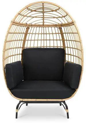 SereneLife Wicker Rattan Sofa Chair - Indoor/Outdoor Egg Chair for Patio and Living Room - Steel Frame, 4 Cushions - Black