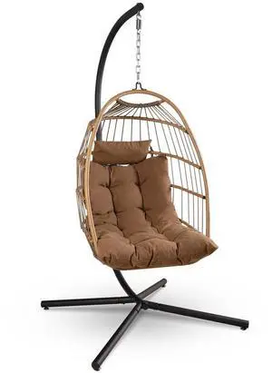 SereneLife Foldable Egg Swing Chair with Stand - Brown - Powder-Coated Steel Frame, Weather-Resistant Rattan, Padded Cushion