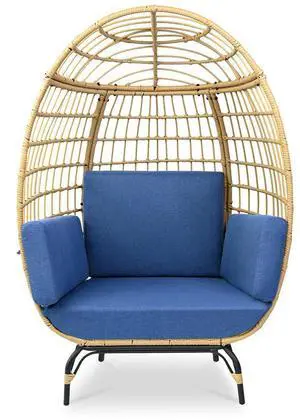 SereneLife Wicker Rattan Sofa Chair - Indoor/Outdoor Egg Chair for Patio and Living Room - Steel Frame, 4 Cushions - Blue