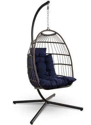 SereneLife Foldable Egg Swing Chair with Stand - Deep Blue - Powder-Coated Steel Frame, Weather-Resistant Rattan, Padded Cushion