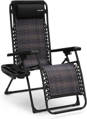 SereneLife Outdoor Adjustable Rattan Zero Gravity Lawn Chair - Foldable with Plastic Cup Holder Side Table & Pillow - Brown