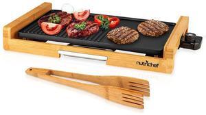 NutriChef 2-in-1 Smokeless Detachable Electric Bamboo Grill with Non-Stick Surface & Adjustable Temperature - NCEGB50