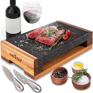 NutriChef Natural Granite Stone Sizzling Steak Plate with Wooden Platter & Stainless Steel Knives - PKLVST41