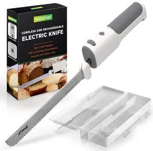 NutriChef Electric Bread Knife with Contoured Grip Handle, Stainless Steel Blade & USB Charging - White & Grey - NUELREKN3