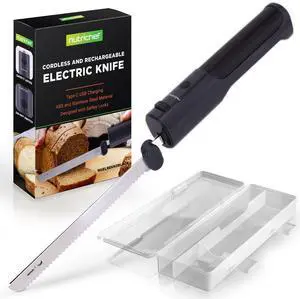 NutriChef Electric Bread Knife with Contoured Grip Handle, Stainless Steel Blade & USB Charging - Black - NUELREKN3BLACK