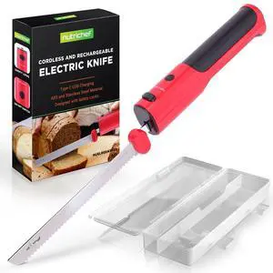 NutriChef Electric Bread Knife with Contoured Grip Handle, Stainless Steel Blade & USB Charging - Red - NUELREKN3RED