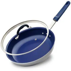 NutriChef 12" Non-Stick Fry Pan with Lid & Silicone Handle - NCFRLD12 - Ceramic Coating