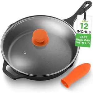 NutriChef 12" Pre-Seasoned Cast Iron Fry Pan with Glass Lid & Silicone Handle - NCCI12