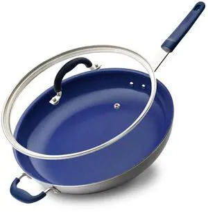 NutriChef 14" Non-Stick Fry Pan with Lid & Silicone Handle - NCFRLD14 - Ceramic Coating