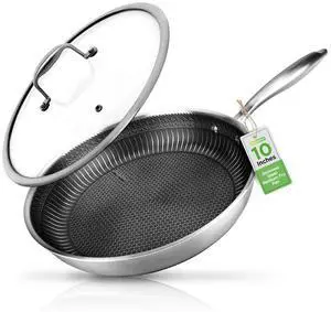 NutriChef 10" Stainless Steel Stir Fry Pan with Glass Lid - NC3PL10 - Triply Composite & DAKIN Etching Non-Stick Coating