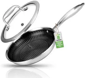NutriChef 8" Stir Fry Pan with Glass Lid - Triply Stainless Steel Construction & Non-Stick Coating - NC3PL8