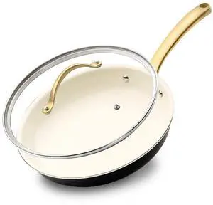 NutriChef 10" Non-Stick Fry Pan with Tempered Glass Lid & Golden Titanium Handle - NCHGLDX10