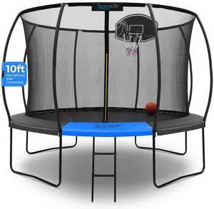 SereneLife 10ft Pumpkin-Shaped Outdoor Trampoline with Luxury Ladder & Basketball Hoop System, Inner Safety Net Enclosure for Kids and Teens