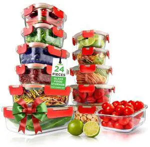 NutriChef 24-Piece Superior Glass Food Storage Containers Set with Hinged BPA-Free Locking Lids, Stackable Design (Red)