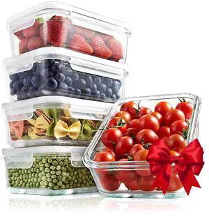 NutriChef 10-Piece Superior Glass Food Storage Containers Set, Stackable Design with BPA-Free Airtight Locking Lids and Vent Lids with White Air Hole (30oz)
