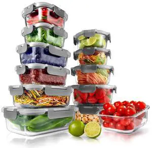 NutriChef 24-Piece Superior Glass Food Storage Containers Set, Stackable Design with Hinged BPA-Free Locking Lids (Gray)