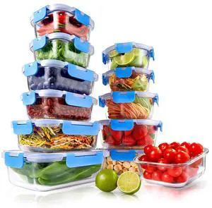 NutriChef 24-Piece Superior Glass Food Storage Containers Set, Stackable Design with Hinged BPA-Free Locking Lids (Blue)