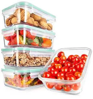 NutriChef 10-Piece Superior Glass Food Storage Containers Set, Stackable Design with BPA-Free Airtight Locking Lids with Vent Lids & Green Air Hole (30oz)