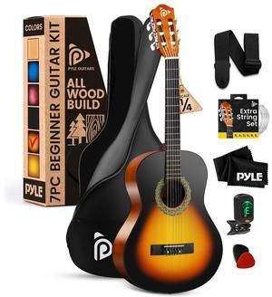 Pyle 6-String Classic Nylon String Guitar, 30 Acoustic Junior Scale with Digital Tuner and Accessory Kit (Sunburst Teardrop)