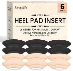 SereneLife Heel Pad Cushions for Dress Shoes, High Heels & Loafers  Soft Sponge & Faux Leather, 6 Pairs (Black & Apricot)