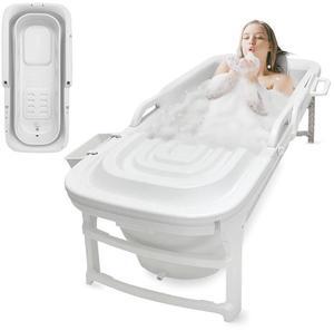 SereneLife 1.5M Foldable Bathtub Set  Includes Lid, Tray, Bag, Drainage Pipe, Bath Cushion & White Spray for Indoor/Outdoor Use (White)