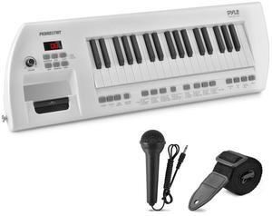 Pyle Digital Musical Karaoke Keyboard  Portable 37-Key Electronic Piano with Wired Microphone & Rechargeable Battery  White (PKBRD37WT)