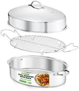 NutriChef 18" Oval Roasting Pan with Polished Rack, Stainless Steel Lid, Dishwasher & Oven Safe - NCOAVL99