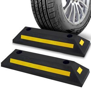 Pyle Vehicle Wheel Stop for Car & Truck Parking, Heavy Duty Rubber Tire Block (Set of 2), Reflective Safety Strip - PCRSTP11X2