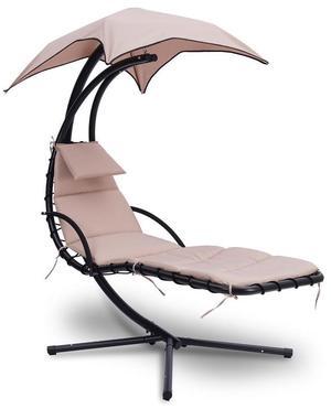 SereneLife Outdoor Hanging Curved Steel Chaise Lounge Swing Chair with Built-in Pillow & Removable Canopy, UV Protection - SLHNGCH44