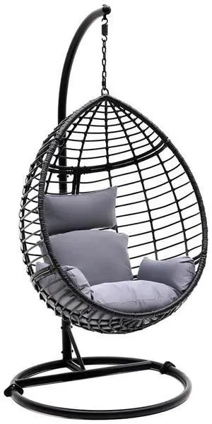 SereneLife Wicker Rattan Swing Chair with Cushions, Powder-Coated Steel Frame, Outdoor/Indoor Garden Decoration (Black) - SLGZ0EGBL
