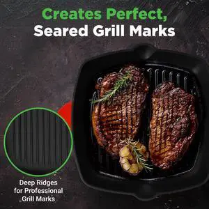 NutriChef Cast Iron Square Skillet Grill Pan with Porcelain Enamel Coating, Non-Stick, Square Grilling Pan - NCCIES47