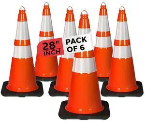 Pyle 28" PVC Cone Set of 6, High-Visibility Traffic Safety Cones for Roadwork, Parking, and Construction Zones (Orange) - PTCN28X6