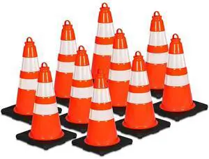 Pyle 18" PVC Cone Set of 10, High-Visibility Traffic Safety Cones for Roadwork, Parking, and Construction Zones (Orange) - PTCN18X10