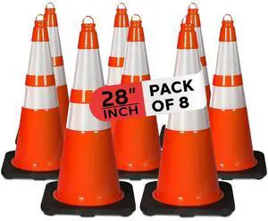 Pyle 28" PVC Cone Set of 8, High-Visibility Traffic Safety Cones for Roadwork, Parking, and Construction Zones (Orange) - PTCN28X8