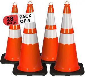 Pyle 28" PVC Cone Set of 4, High-Visibility Traffic Safety Cones for Roadwork, Parking, and Construction Zones (Orange) - PTCN28X4