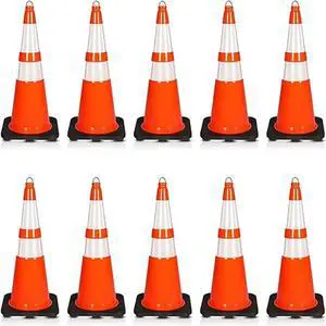 Pyle 28" PVC Cone Set of 10, High-Visibility Traffic Safety Cones for Roadwork, Parking, and Construction Zones (Orange) - PTCN28X10