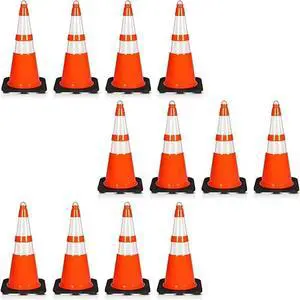 Pyle 28" PVC Cone Set of 12, High-Visibility Traffic Safety Cones for Roadwork, Parking, and Construction Zones (Orange) - PTCN28X12