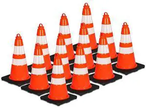 Pyle 18" PVC Cone Set of 12, High-Visibility Traffic Safety Cones for Roadwork, Parking, and Construction Zones (Orange) - PTCN18X12