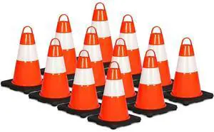 Pyle 12" PVC Cone Set of 12, High-Visibility Traffic Safety Cones for Roadwork, Parking, and Construction Zones (Orange) - PTCN12X12