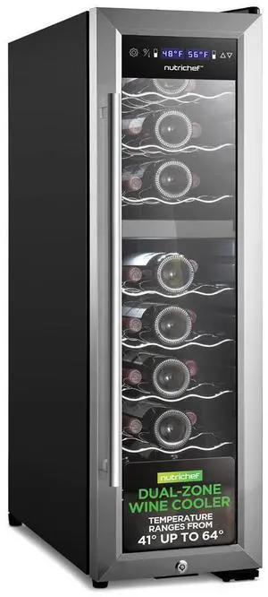 NutriChef Wine Chilling Refrigerator Cellar, 24-Bottle Capacity, Dual-Zone Wine Cooler, Digital Touch Control, Stainless Steel Door Frame - PKCWCDS248