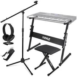 Pyle Z Shape Keyboard Stand with Headset, Keyboard Stool, Microphone Stand, and Sustain Pedal - PKST22SB