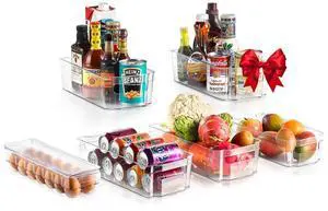NutriChef Refrigerator Organizer Bins Set, 5 Wide Fridge Organizers and 1 Egg Holding Tray for Freezer, Kitchen, Countertops, and Cabinets - NCFO66