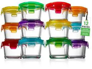 NutriChef Glass Round Meal-Prep Containers, 12 Pcs, 4.48oz with Airtight Locking Lid, High Borosilicate Glass, Freezer to Oven Safe - NCGLBAB